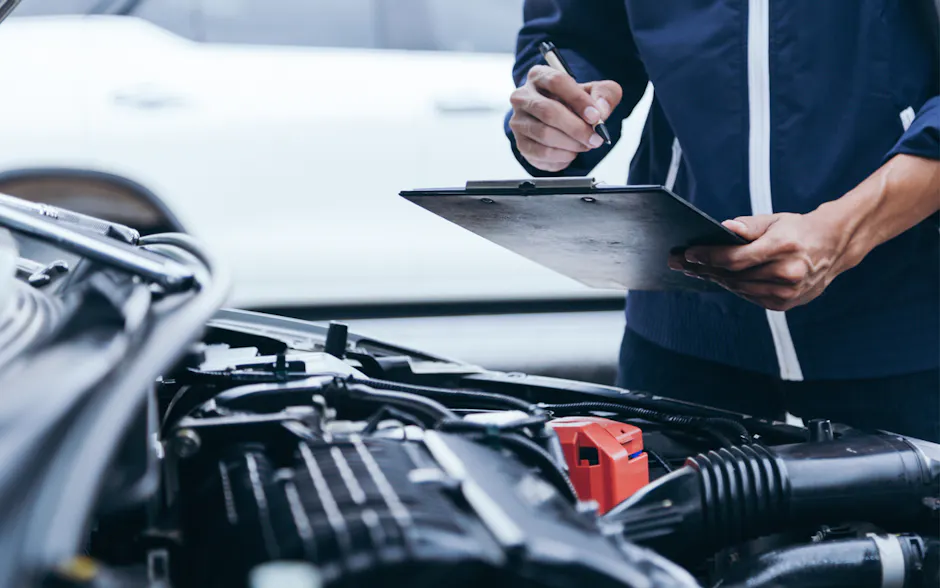 Mechaniker überprüft ein Motor eines Fahrzeuges