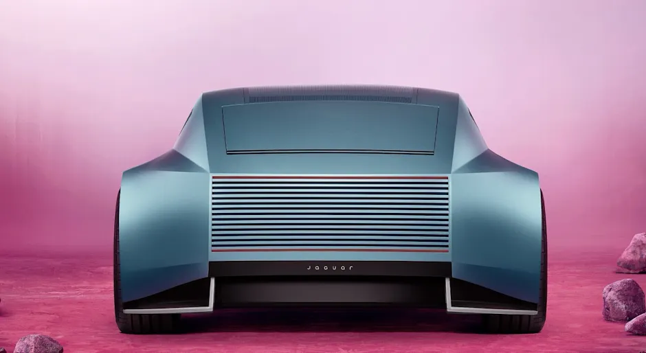 Jaguar Type 00 in azzurro da dietro, su base rosa