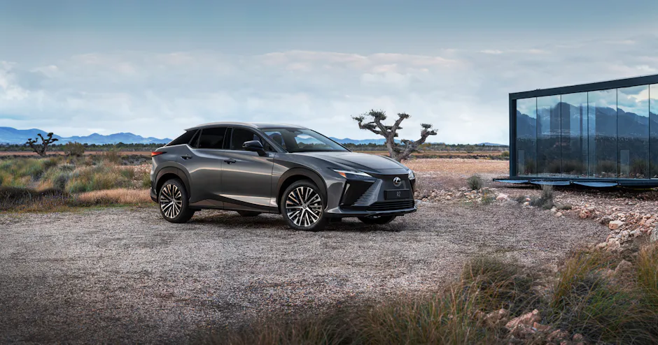 Lexus RZ in silber Grau, Wüstenlandschaft,