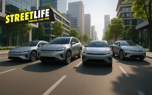 Diverse auto elettriche moderne senza marchio attraversano un paesaggio urbano caratterizzato da un'architettura moderna e da un ambiente verde.