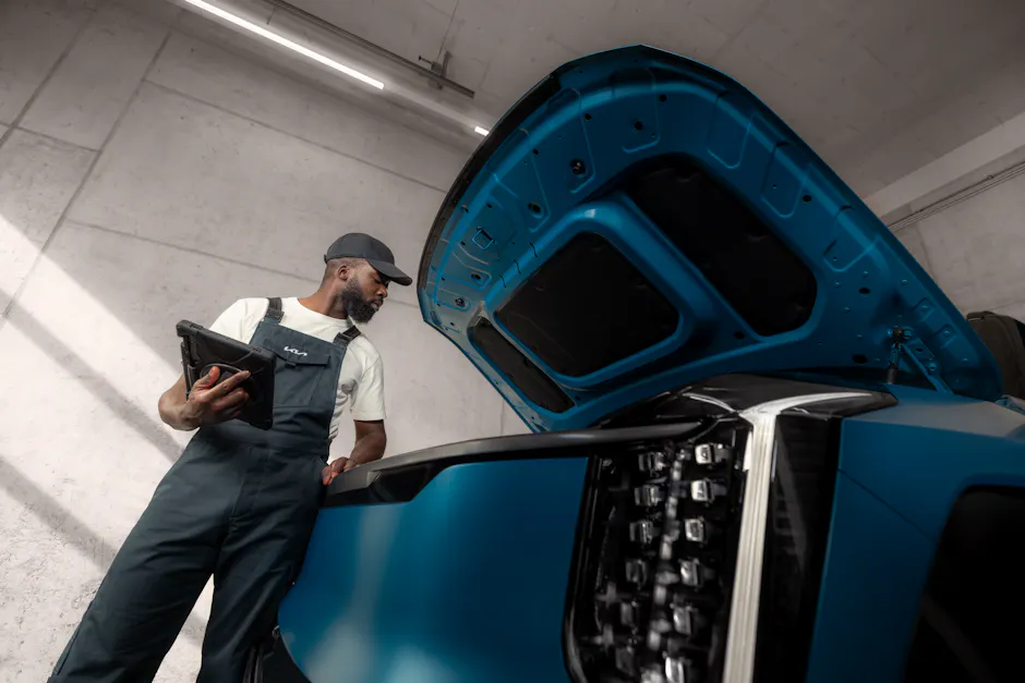 Ein Kia-Werkstattmitarbeiter arbeitet an einem Kia und schaut in das Motorabteil vom blauen Kia