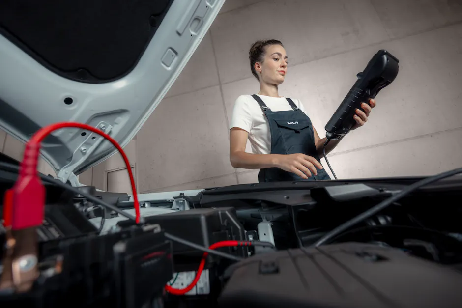 Eine Kia-Werkstattmitarbeiterin arbeitet an einer Autobatterie