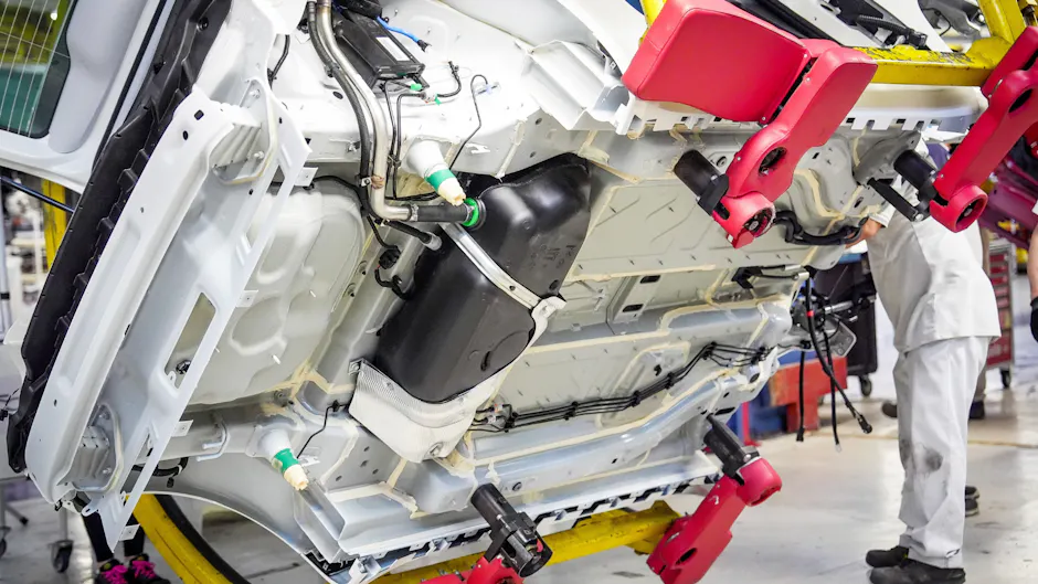 Ansicht des Fiat 500 Hybrid von unten in der Werkstatt