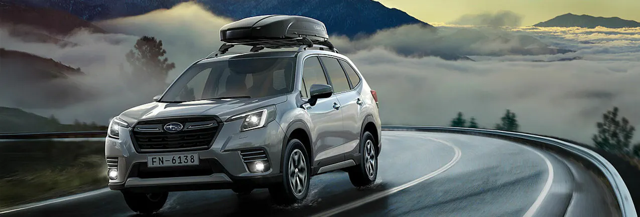 Subaru argenté avec un coffre de toit noir, circulant sur une route de montagne avec du brouillard en arrière-plan