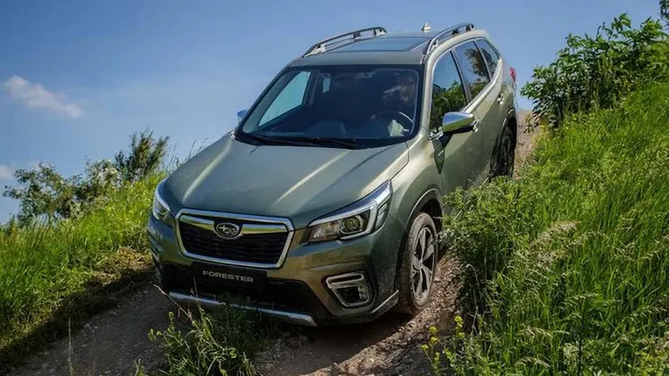 Una Subaru verde vista frontalmente mentre scende da una collina, con cespugli e cielo blu sullo sfondo.