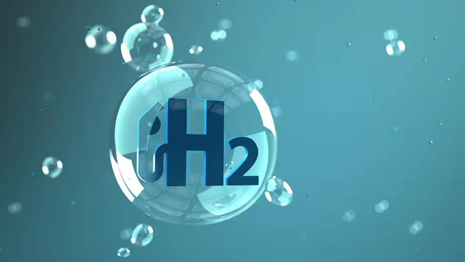 Rappresentazione grafica di una bolla di idrogeno con la formula chimica H₂, circondata da piccole bolle su sfondo blu