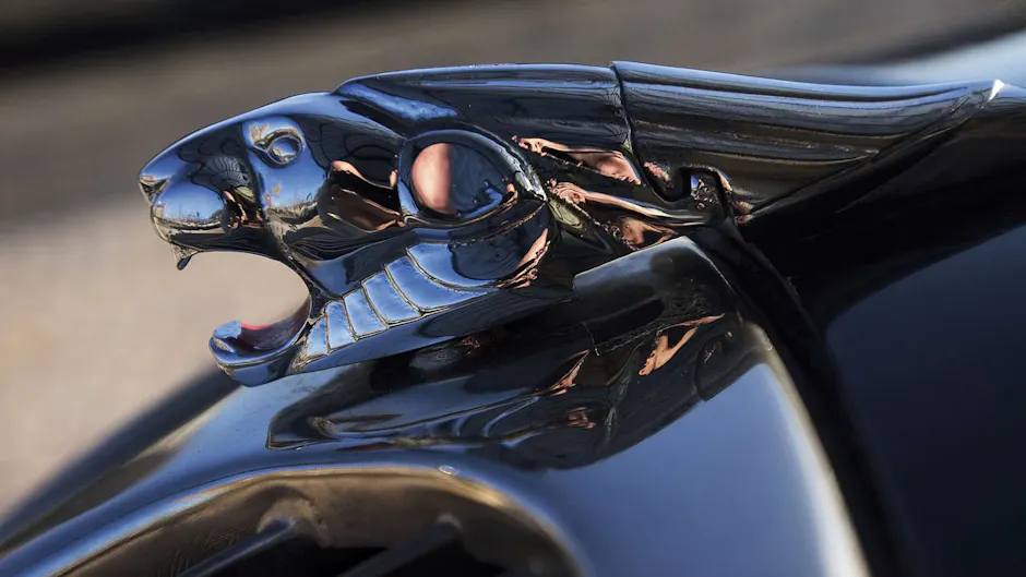 Gros plan sur une figurine de capot Jaguar noire.