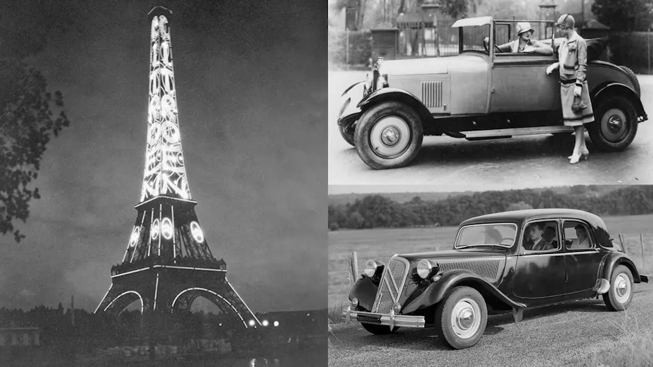 Photos en noir et blanc de la tour Eiffel et de deux voitures