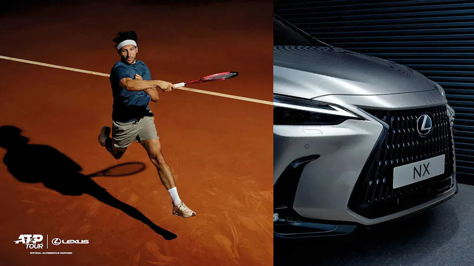 Un joueur de tennis à gauche et, à droite, une Lexus NX argentée