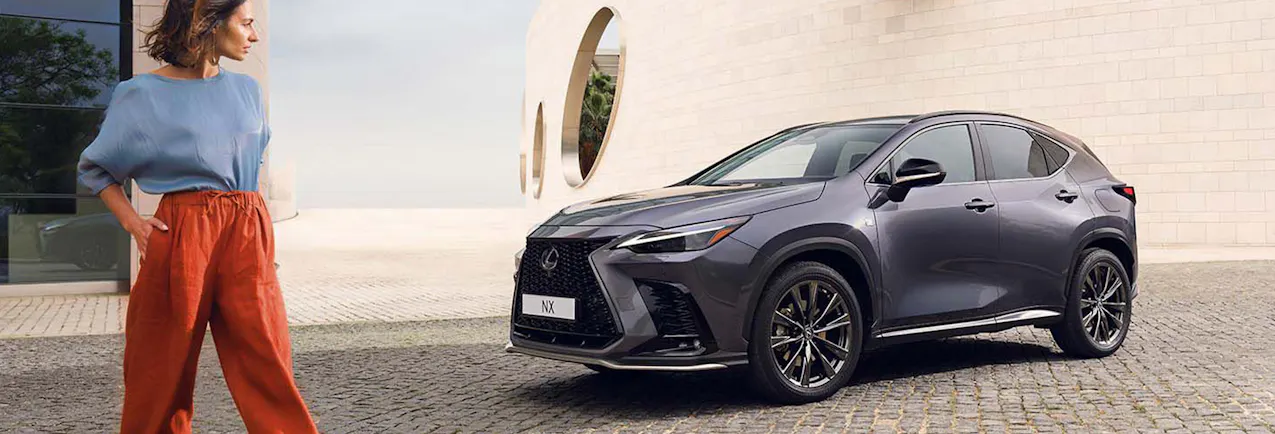 Lexus plug in Hybrid und eine Frau mit roten Hosen.