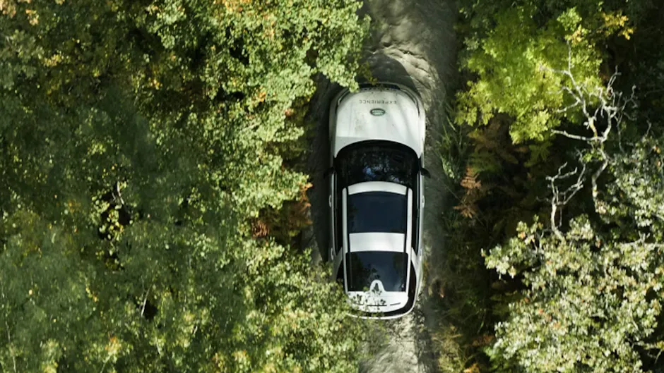 Land Rover nella foresta vista dall'alto