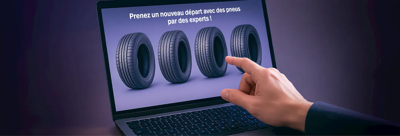 Ordinateur portable affichant le portail pneus Carmarket avec quatre pneus, utilisateur interagit avec le portail pneus en ligne.