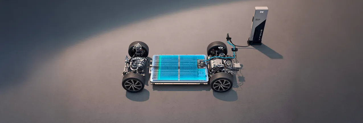 Rappresentazione tecnica della piattaforma elettrica XPENG con batteria e unità di trazione.