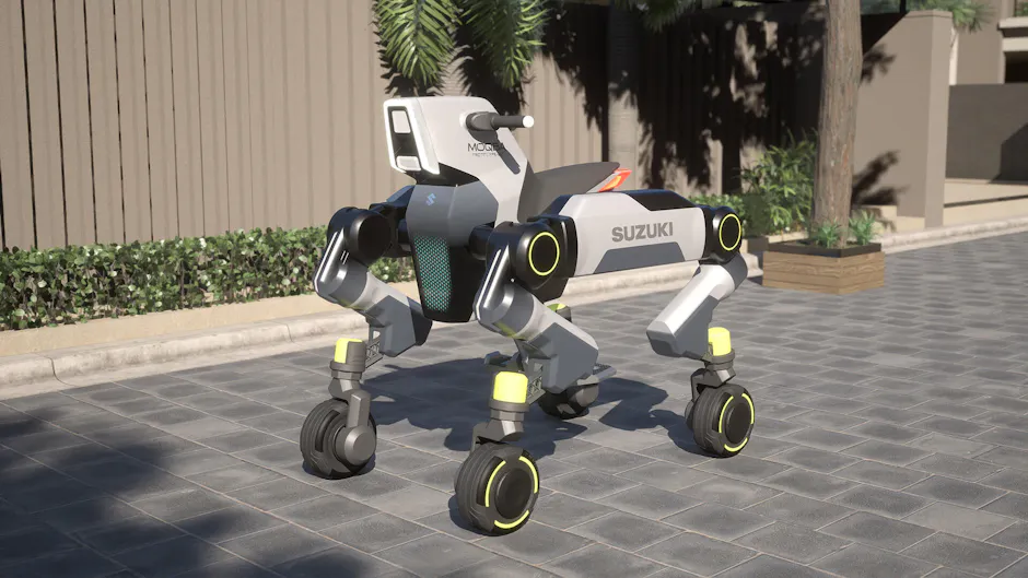 Suzuki MOQBA, concept futuristico di mobilità elettrica a quattro zampe con ruote alle estremità in ambiente urbano.