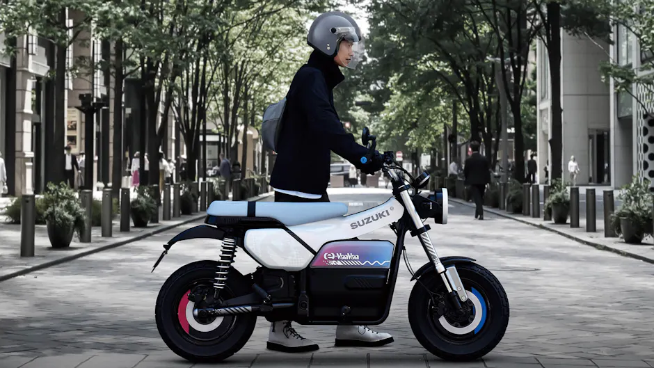Vista laterale del Suzuki e-VanVan elettrico con conducente in città.