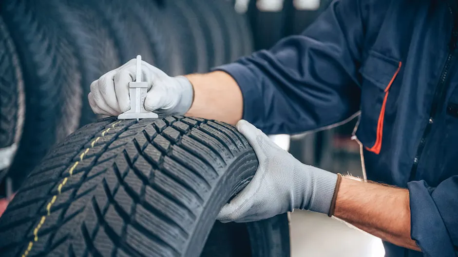 Un addetto all'officina misura la profondità del battistrada di uno pneumatico