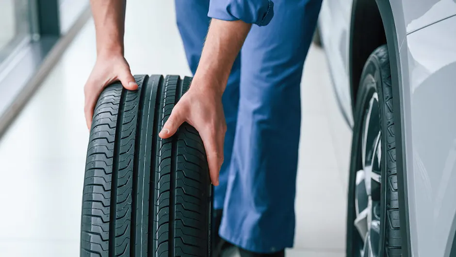 Una persona sta spingendo un pneumatico; accanto c'è un'auto grigia