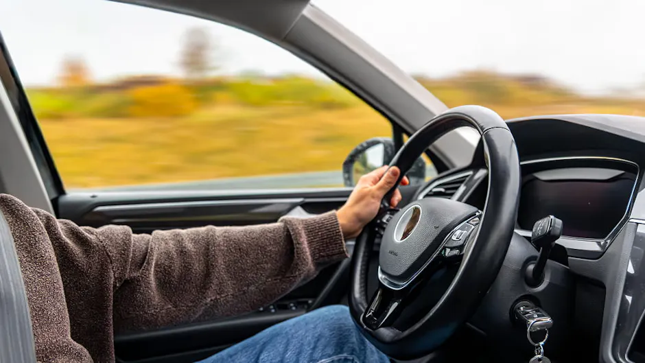 Una persona è seduta al volante di un'auto, con una mano sul volante