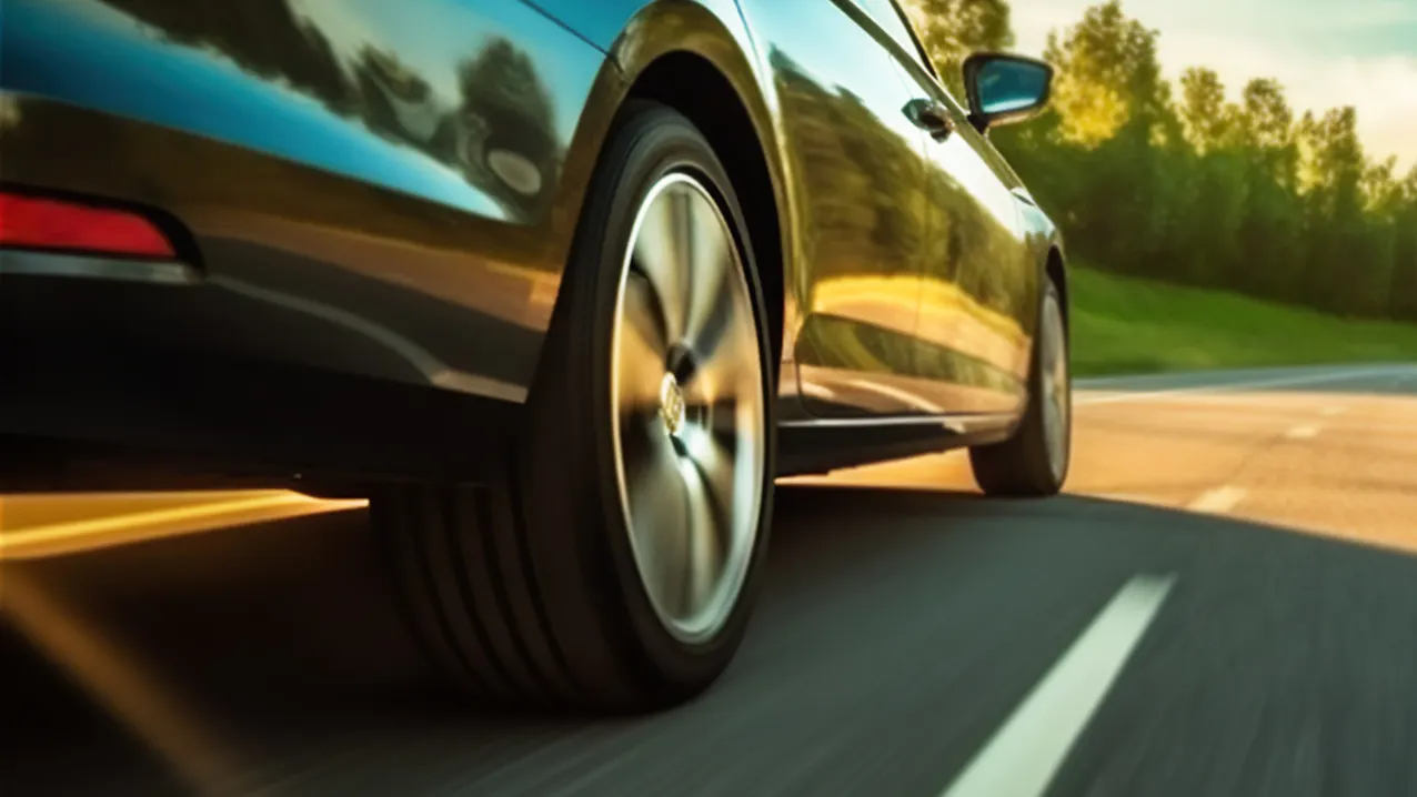 Un'auto nera sta percorrendo una strada; l'attenzione è concentrata sulle ruote