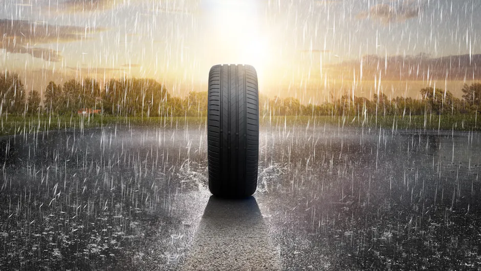 Pneumatici Bridgestone Turanza sotto la pioggia, con il sole che sorge sullo sfondo