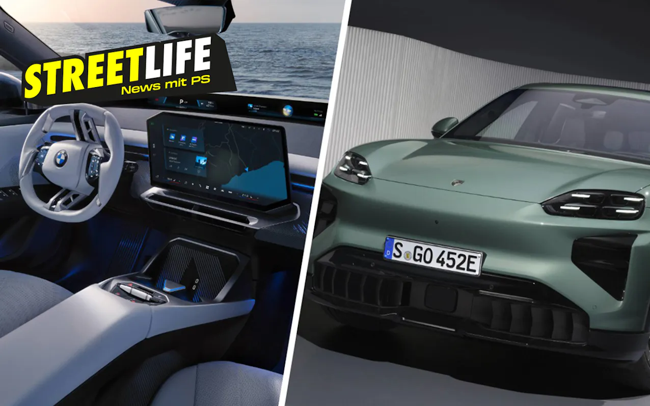 Links BMW Interieur in Weiss, rechts ein grüner Porsche SUV