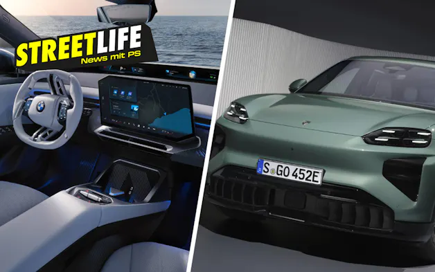 A sinistra, gli interni di una BMW in bianco; a destra, un SUV Porsche verde