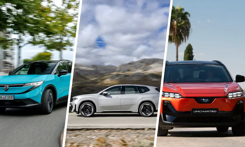 Links ein Nissan in Blau, in der Mitte ein BMW in Silber und rechts ein roter Opel