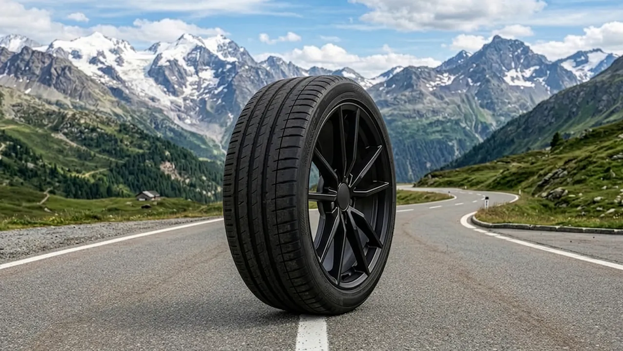 Uno pneumatico su una strada di montagna, con un panorama alpino sullo sfondo