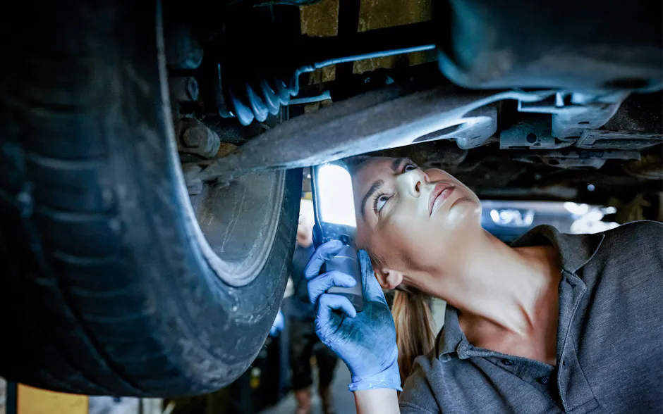 Une femme contrôle le dessous d'une voiture