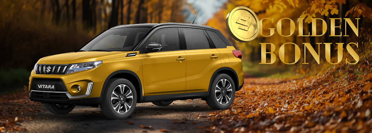 Suzuki Vitara in oro, in una foresta autunnale, bonus oro